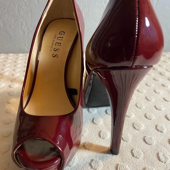 GUESS Burgundy Cacei Patent Leather Peep Toe Pump - Picture 9 of 16